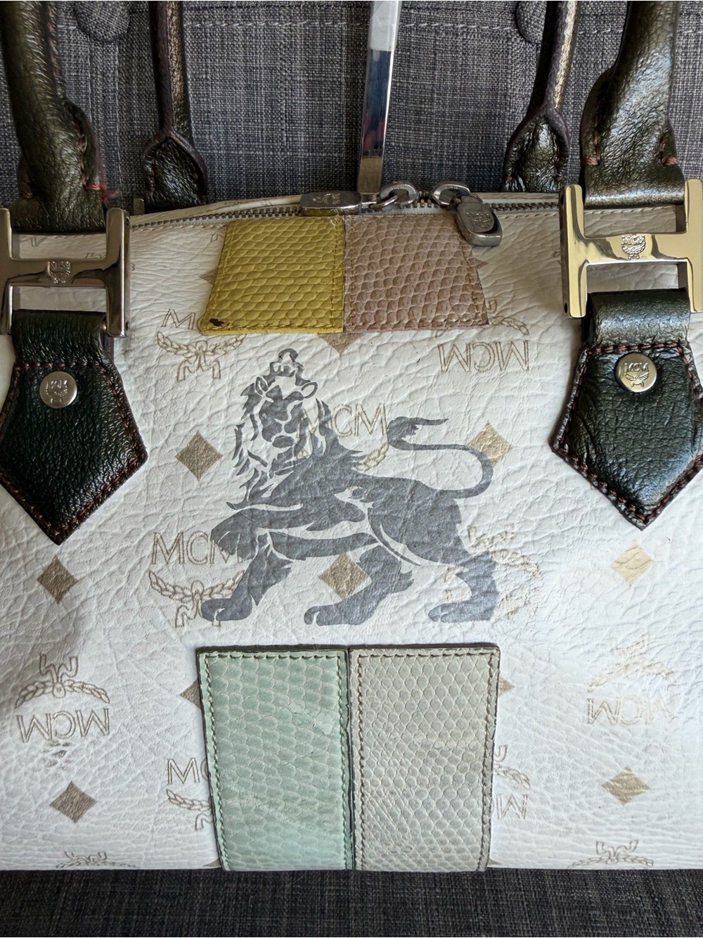 MCM White Leather Satchel with Multicolor Patch Accents - Picture 3 of 13